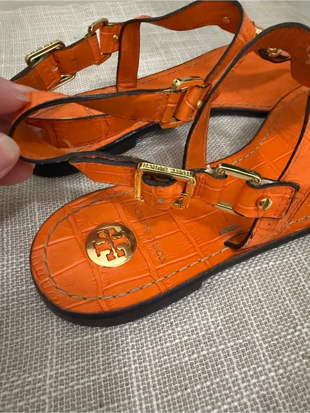 Tory Burch Orange Leather Croc Sandals